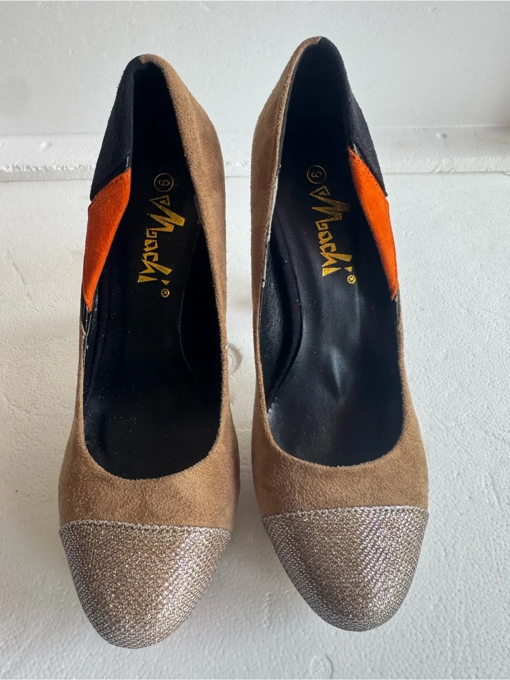 VGOGFLY Women’s Platform High Heel Pumps Colorblock Glitter Toe Size 9